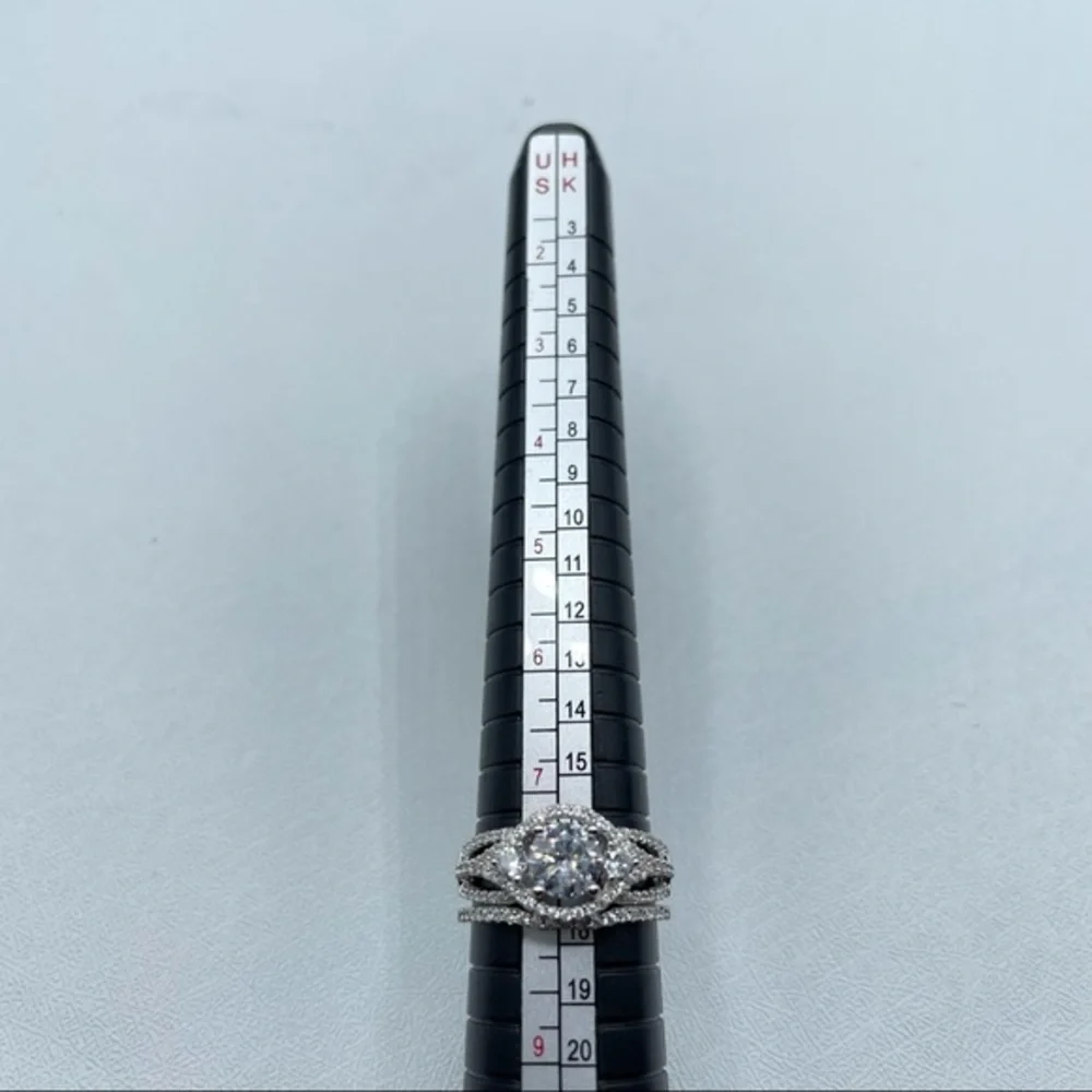 New 925 Sterling Silver CZ Diamond Bridal Wedding Ring Set Halo 2 Band